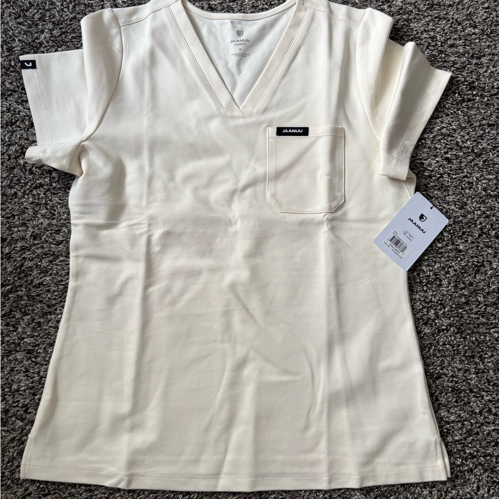 Jaanuu Cream V-Neck Short Sleeve Scrub Top